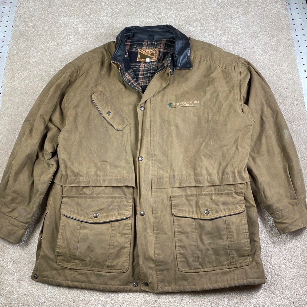 Canada Sportswear Mens XL Vintage Barn Coat Brown Waxed Cotton Leather Collar